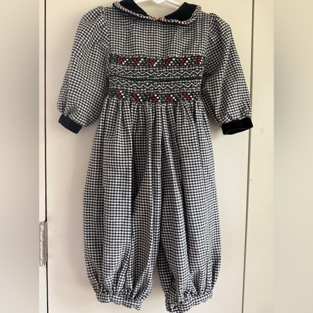 Vintage 90s Lord & Taylor “Small Creations” Black Gingham Smocked Romper, 12 mo